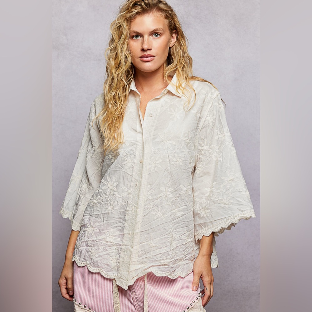 POL Women's Off White Embroidered Button-Front Top Size OS
